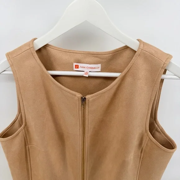 Jude Connally Becky Camel Faux Suede Zip Front Sleeveless Beige Mini Dress - Picture 3 of 5